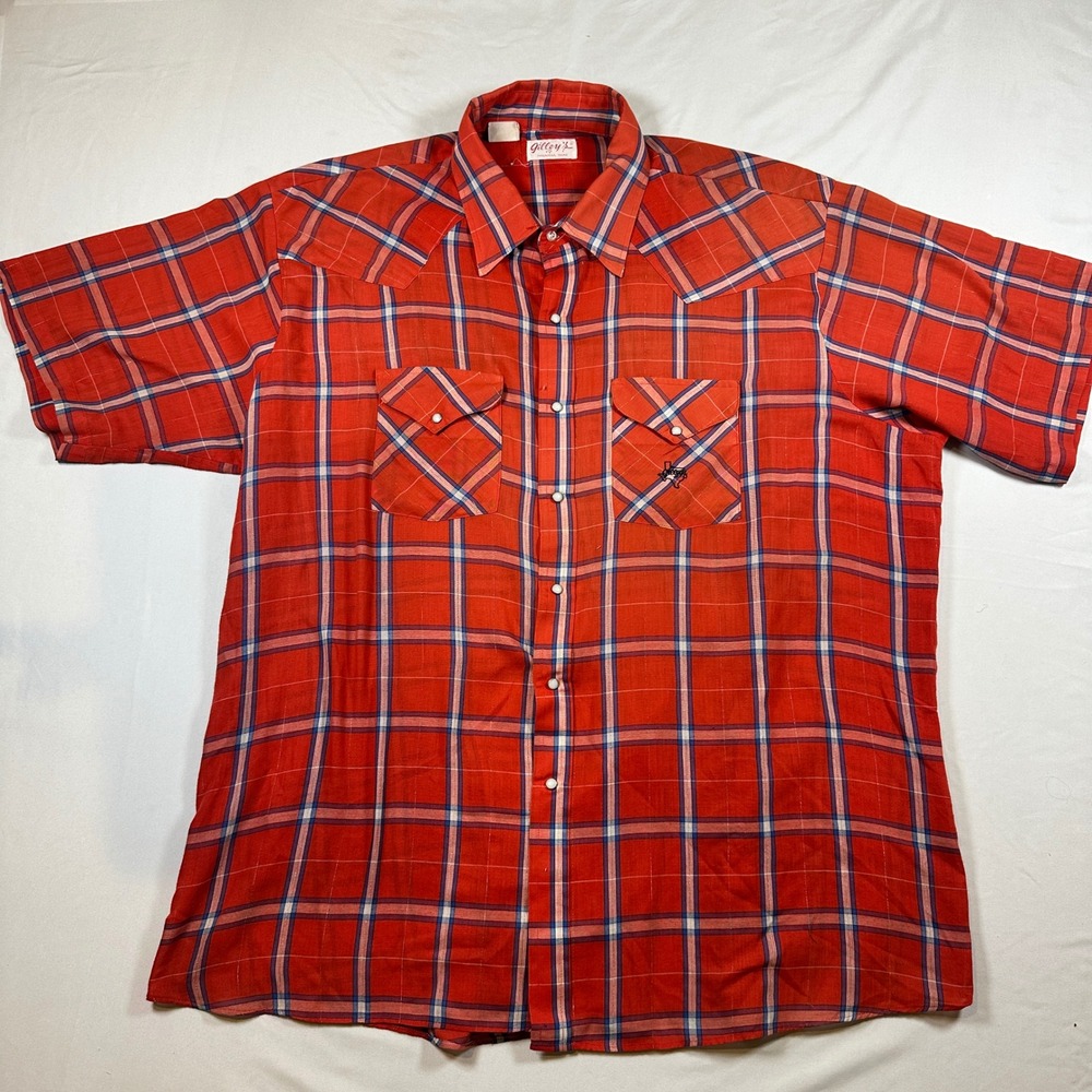 Vintage Gilley's Pasadena Texas Western Shirt Red Plaid Pearl Snap Short Sleeve